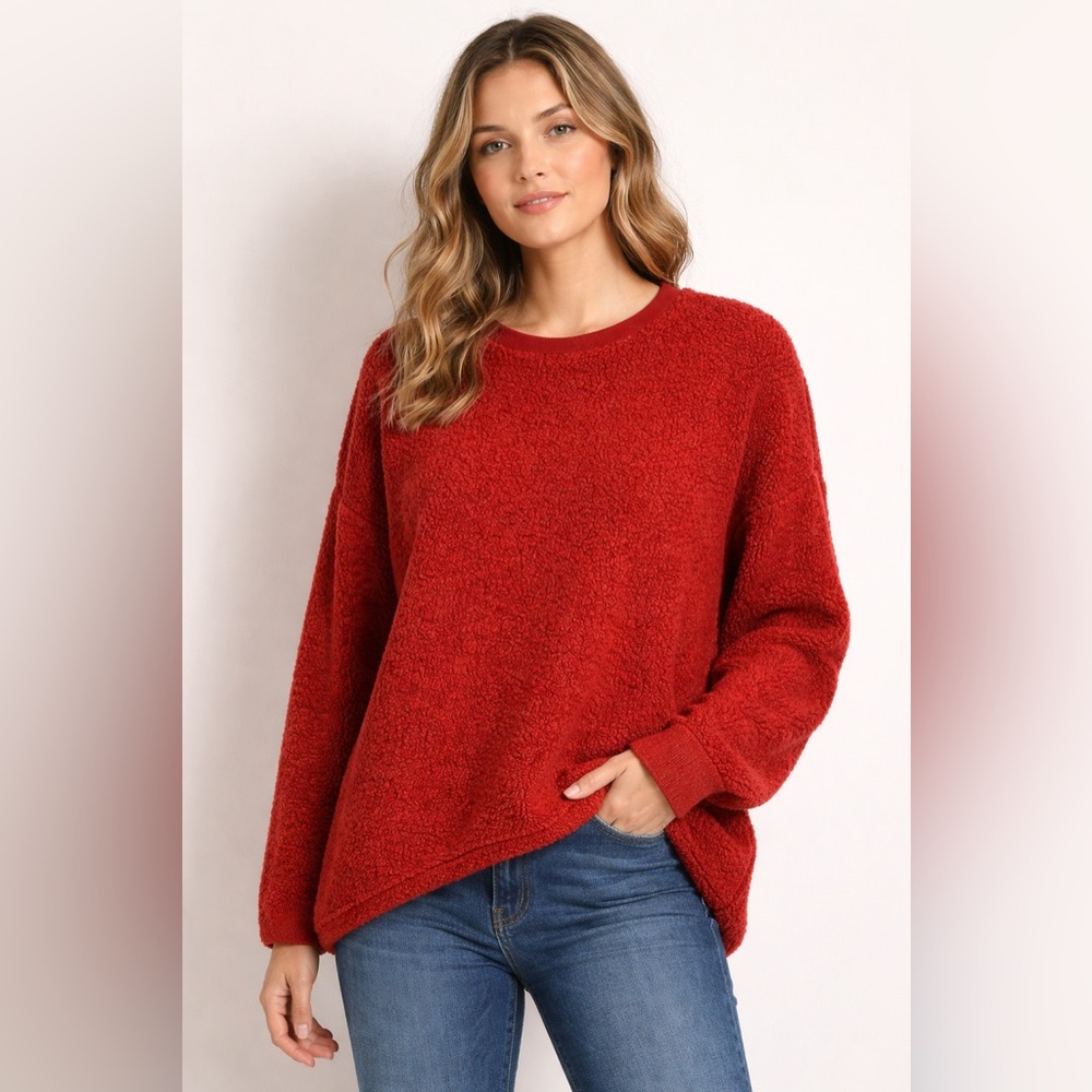 Red Sherpa Pullover Sweater XL Cozy Lounge Soft Crewneck - Picture 1 of 5